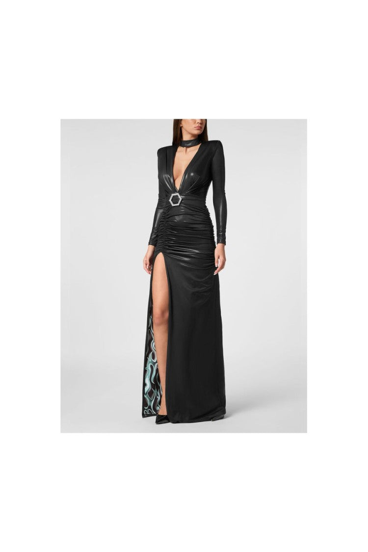 Philipp Plein Deep V-Neck Dress With Ruched Waist