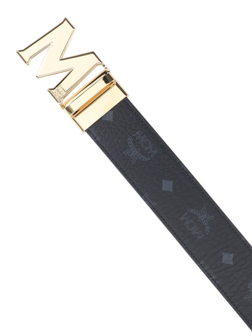 Mcm Reversible Black Visetos Belt With Gold-Tone Buckle