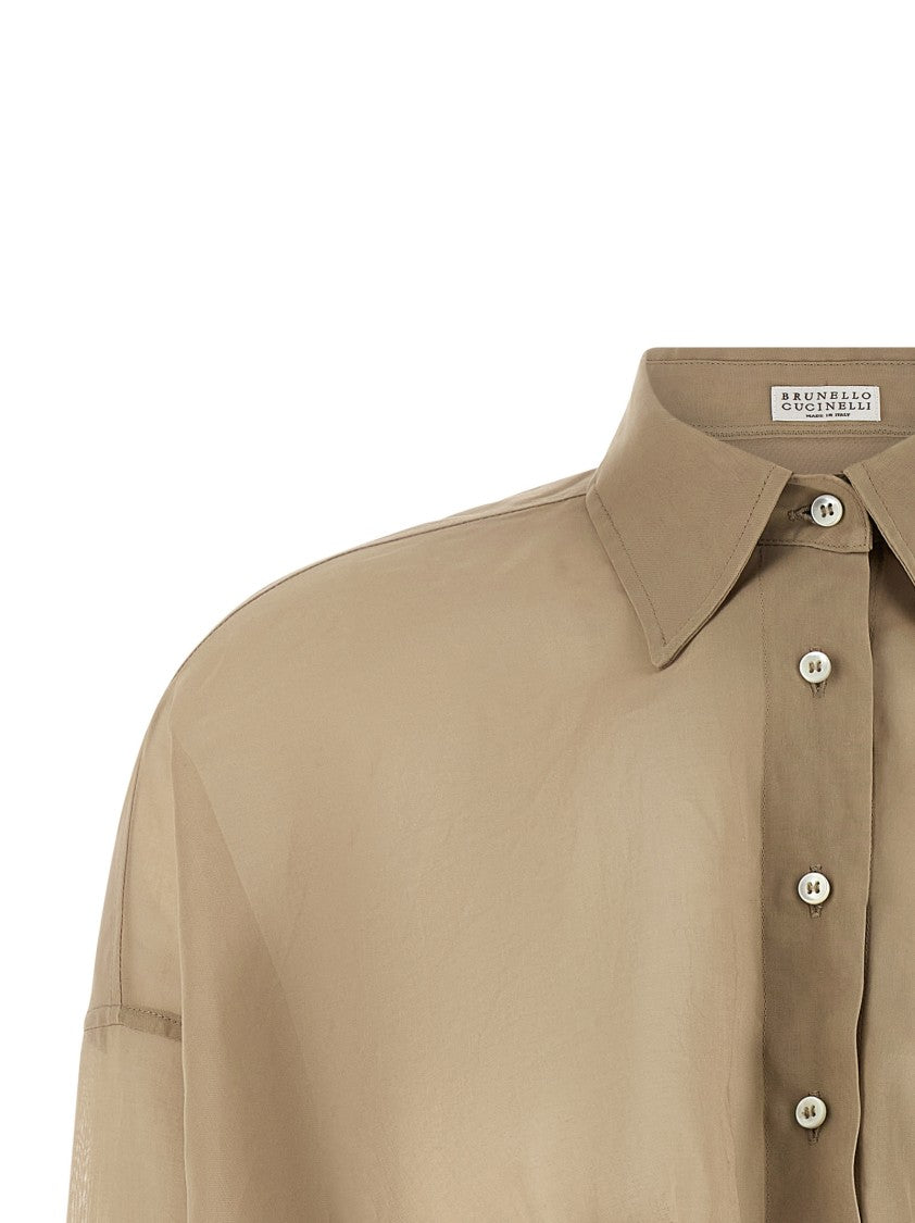 Brunello Cucinelli Semi-Transparent Cotton Taffeta Shirt With Asymmetric Hem And Rolled Knot Detail