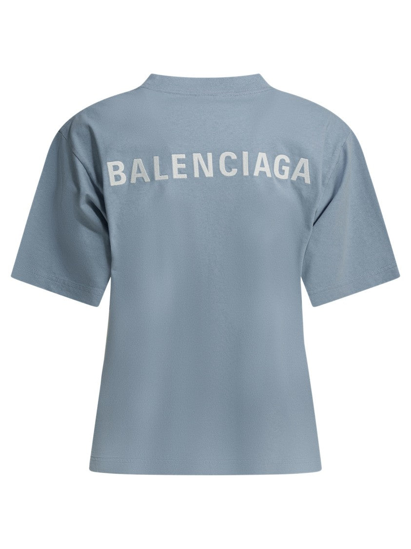 Balenciaga Light Blue Embroidered T-Shirt With Crew Neckline