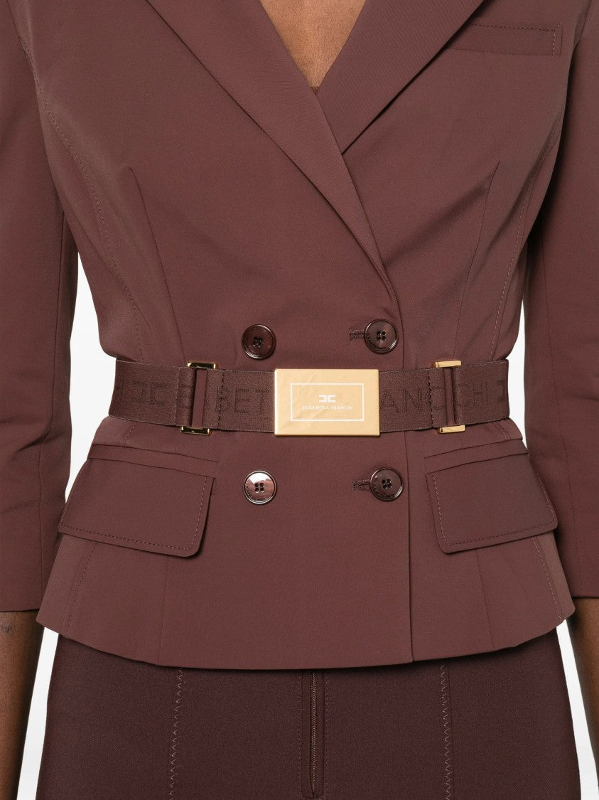 Elisabetta Franchi Double-Breasted Tailored Brown Belted Jacket