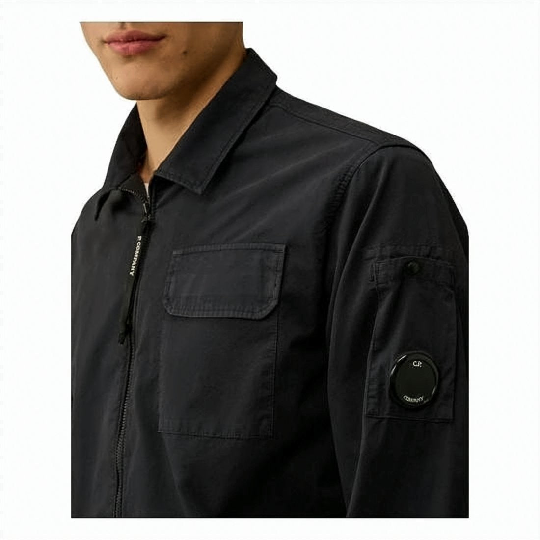 C.P. Company Minimalist Black Cotton Jacket With Front Zipper And Iconic Lens Detail