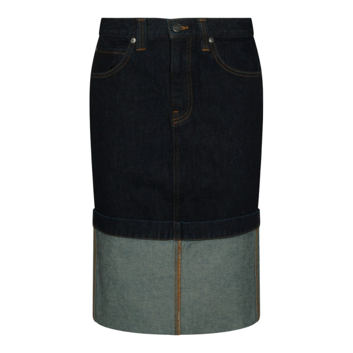 Khaite Two-Tone Denim Midi Skirt With Structured Silhouette