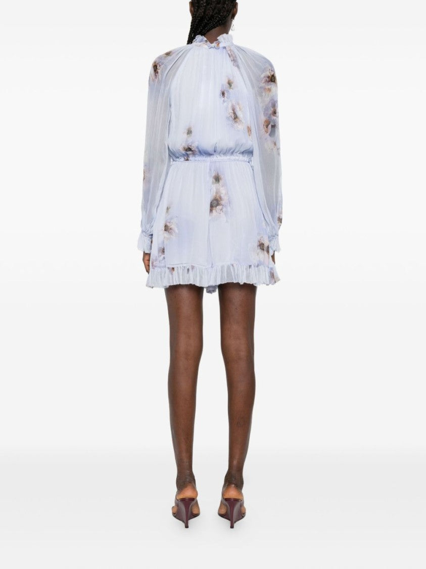 Zimmermann Floral Print Light Purple Playsuit With Ruffled Hem