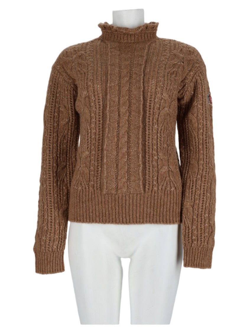 Moncler Grenoble Beige Cable-Knit High-Neck Cropped Knit Sweater