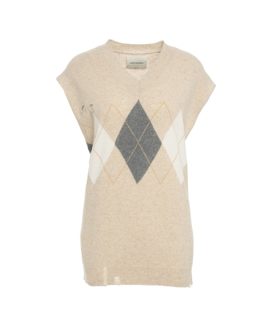 Jeio Oversized Knitted Gilet With Diamond Pattern And Distressed Details