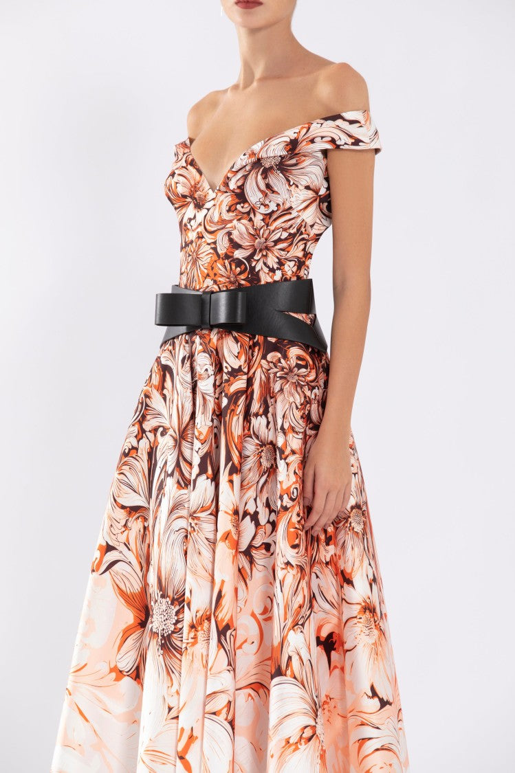 Saiid Kobeisy Mikado Printed Dress With Off-Shoulder Sleeves