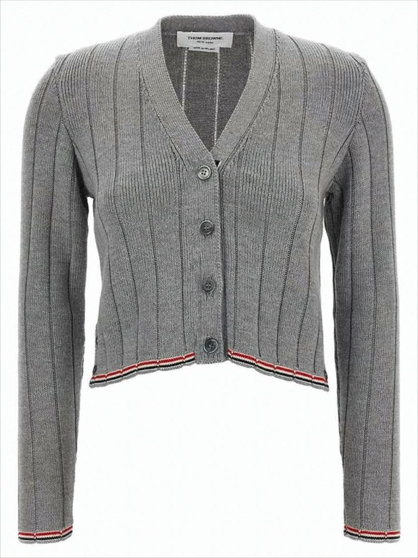 Thom Browne Ribbed Knit Cardigan With Cropped Silhouette And Striped Trim