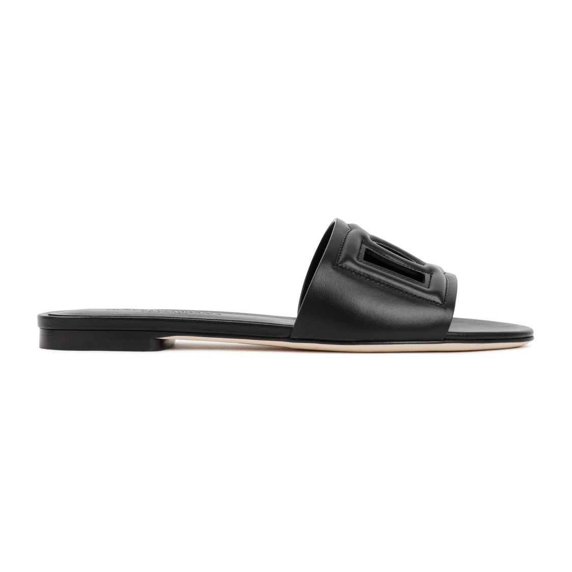 Dolce & Gabbana Black Leather Flat Slides Sandals