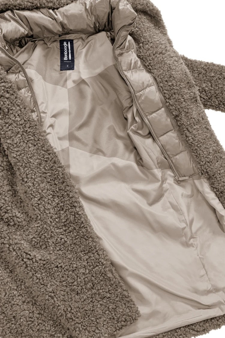 Bomboogie Hooded Calf-Length Coat In Plush Faux Lambskin Fur