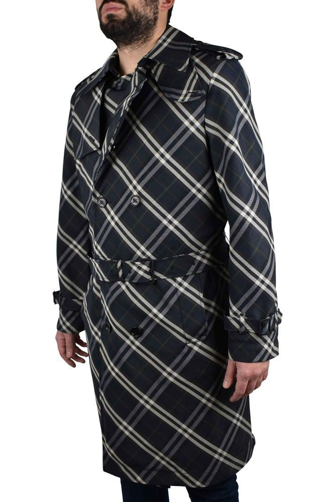 Burberry Indigo Blue Check Pattern Trench Coat