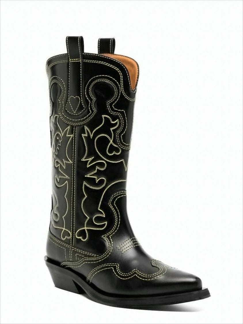 Ganni Mid-Calf Black Leather Boots With Western-Inspired Detailing