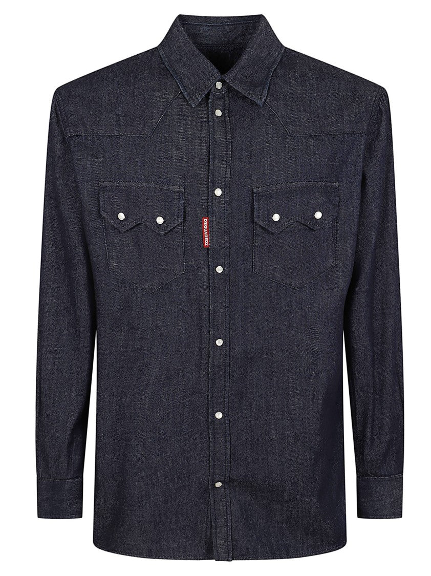 Dsquared2 Dark Wash Denim Shirt With Pearlized Snaps