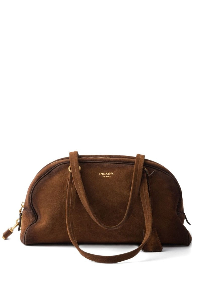 Prada Medium Suede Bowling Bag With Metal Hardware And Nappa Leather Interior