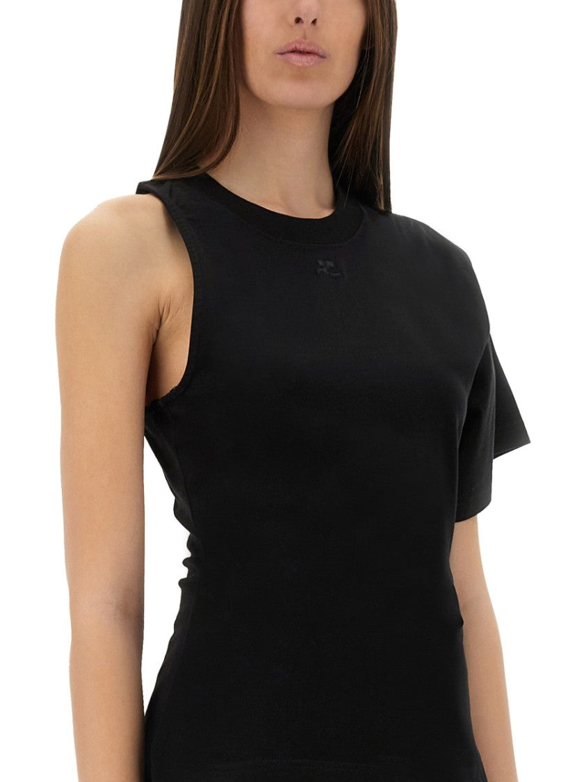 Courrèges One-Shoulder Black T-Shirt In Soft Cotton