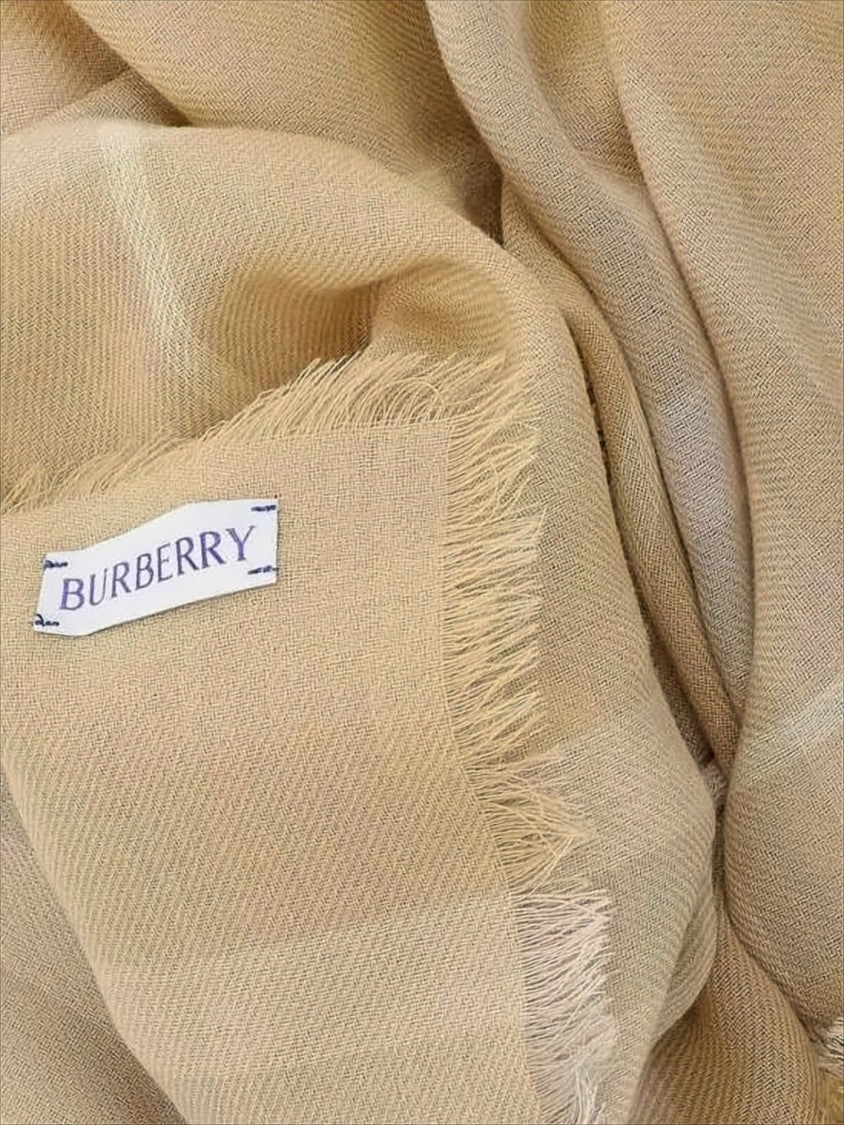 Burberry Beige Plaid Wool Scarf With Fringed Edges