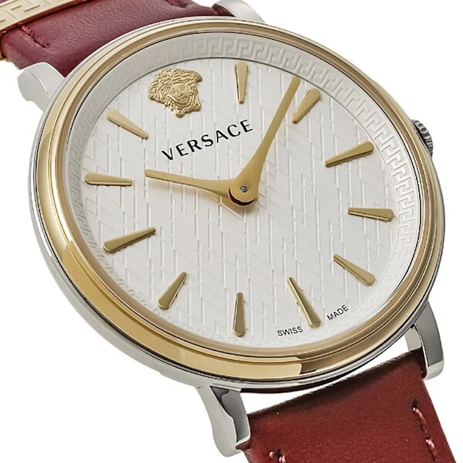Versace 38Mm Red Calf Leather Watch With Silver Dial And Swiss Movement