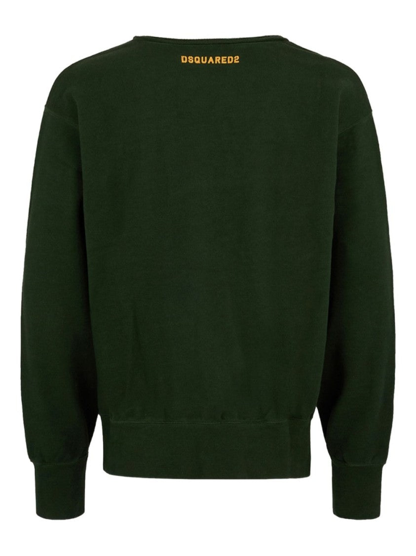 Dsquared2 Dark Green Graphic Frayed Crew Neck Sweater