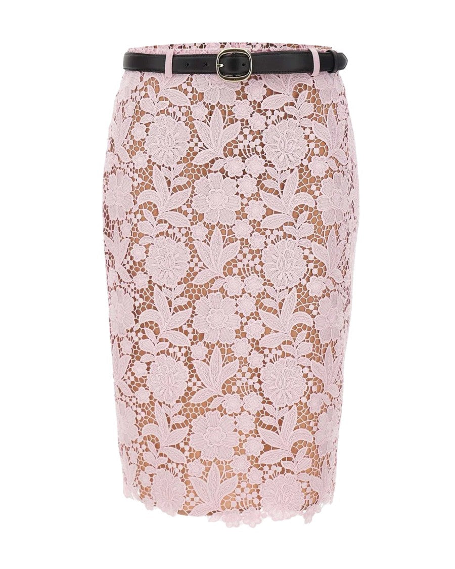 Self-Portrait Midi Floral Lace Skirt With Elegant Slit And Waist Belt