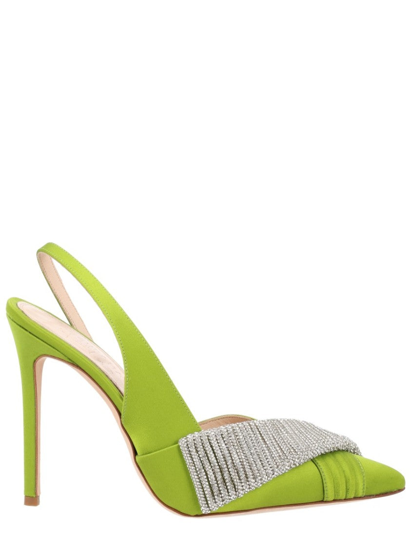 Hibourama Lime Green Pointed Toe Satin Slingback Heels