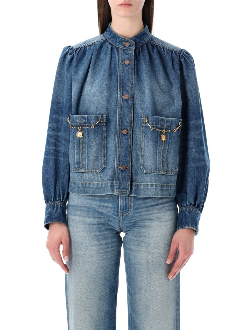 Chloé High-Neck Gathered Denim Jacket