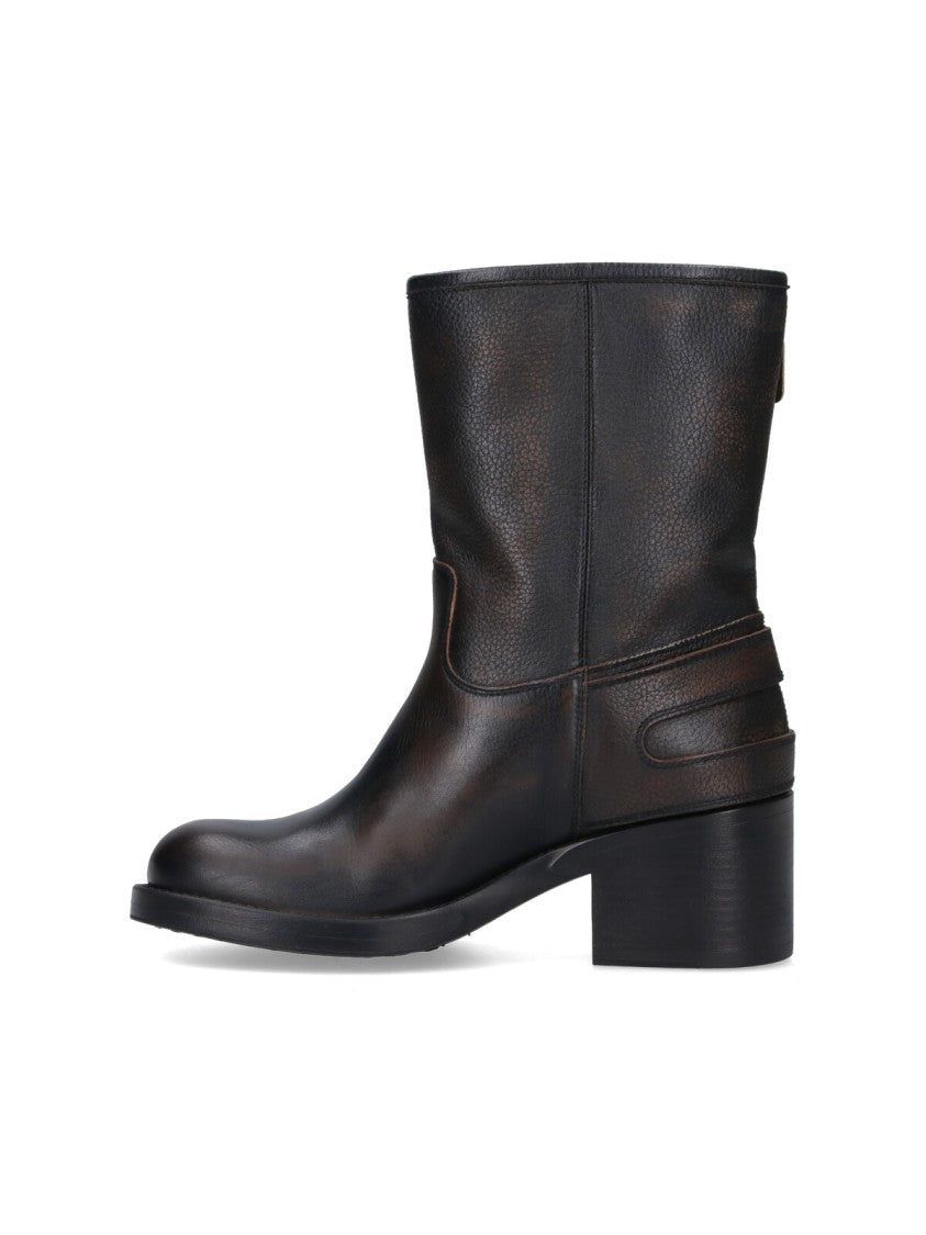 Chloé Mid-Calf Black Leather Boots With Silver-Tone Buckles