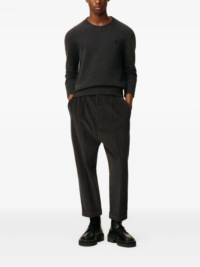 Ami Charcoal Grey Corduroy Pleated Cuffed Trousers