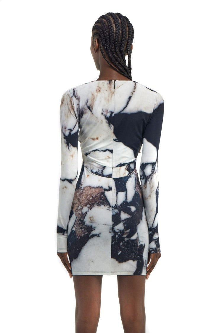 Roberto Cavalli White Polyamide-Elastane Marble-Print Bodycon Dress