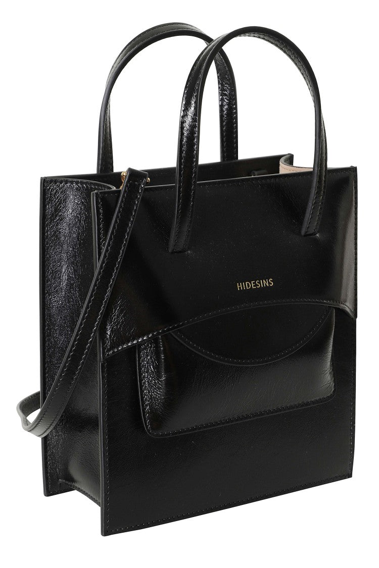 Hidesins Black Rectangular Pocket Gold Logo Leather Shoulder Bag