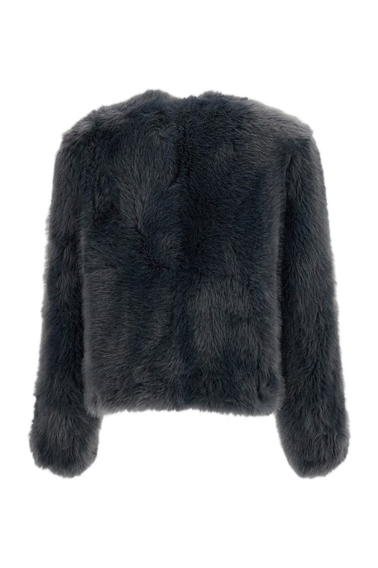 Stand Studio Blue Halle Collarless Boxy Faux Fur Jacket