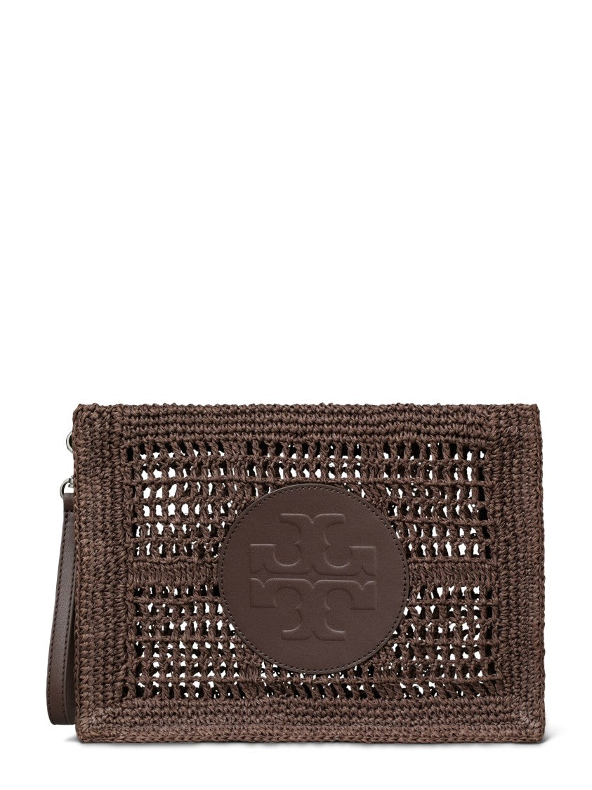 Tory Burch Hand-Crocheted Paper Straw Pouch With Embossed Leather Patch