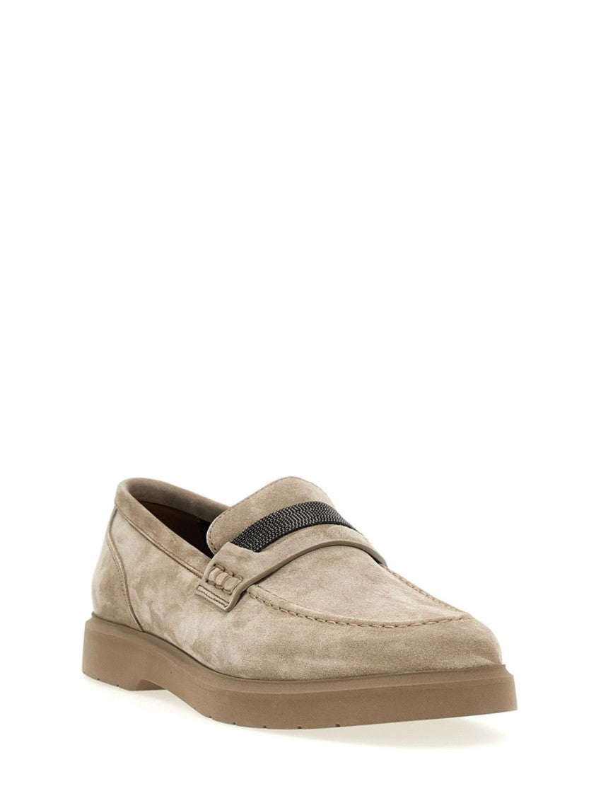 Brunello Cucinelli Beige Crystal Decoration Suede Loafers