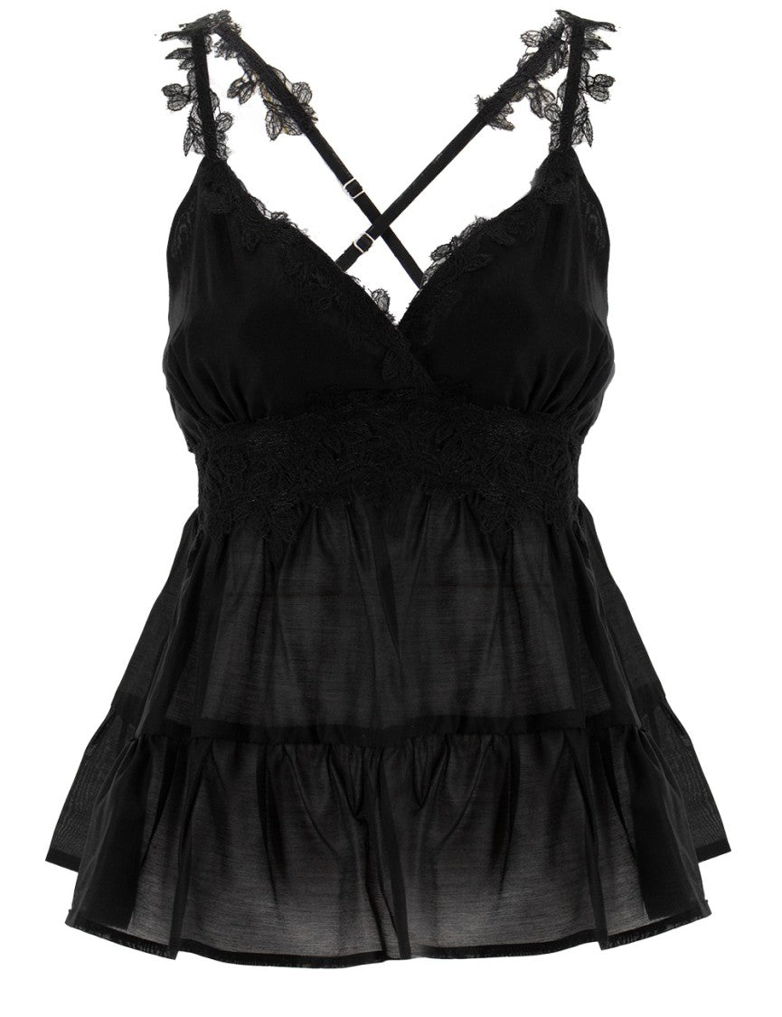 Ermanno Firenze Layered Black Top With Floral Lace Accents