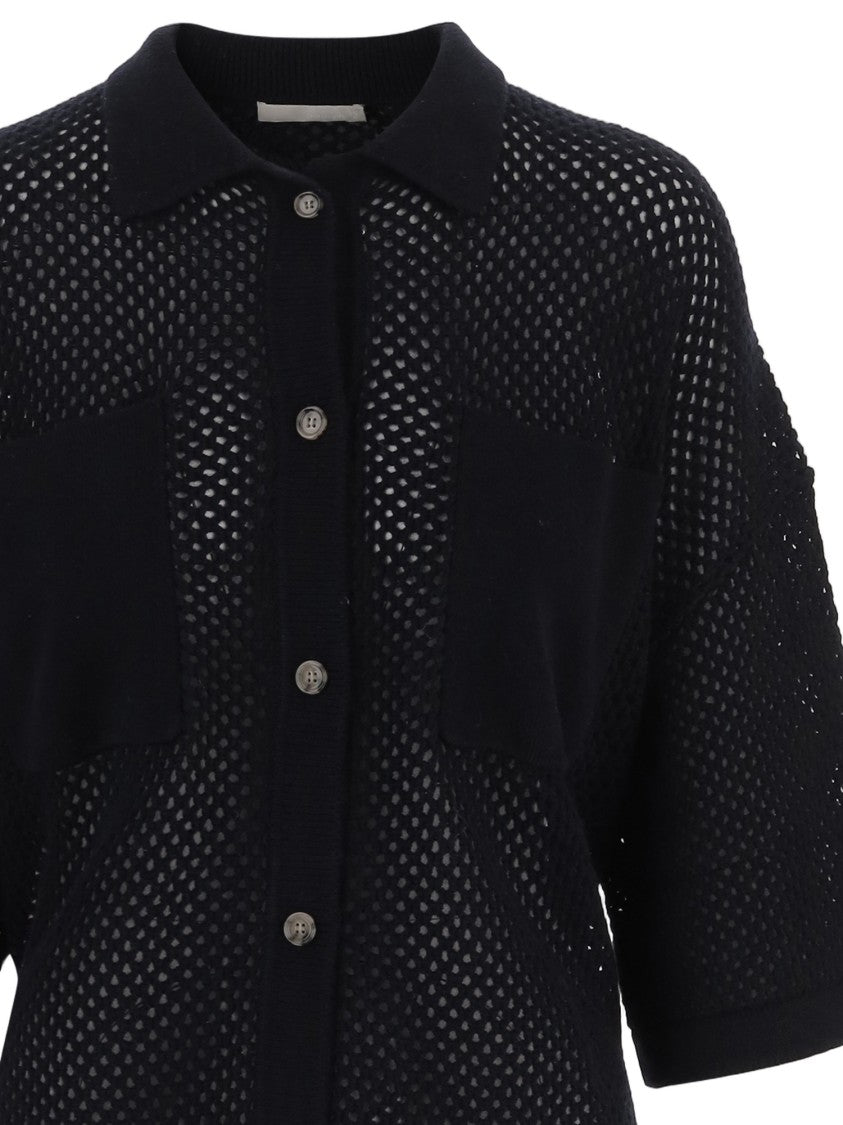 Allude Short-Sleeved Geometric Pattern Cardigan With Front Button Closure