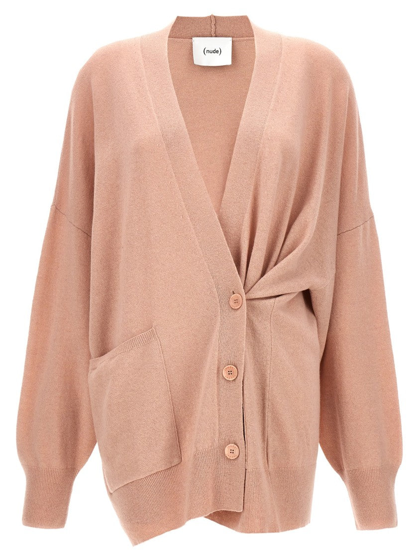 Nude V-Neck Oversize Wool Cardigan With Asymmetrical Fastening