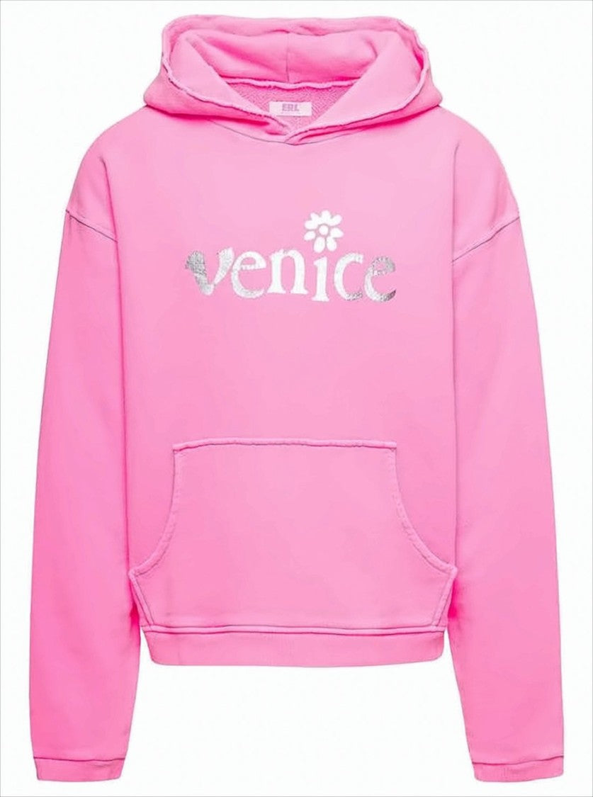 Erl Cropped Pink Hoodie With Silver Print