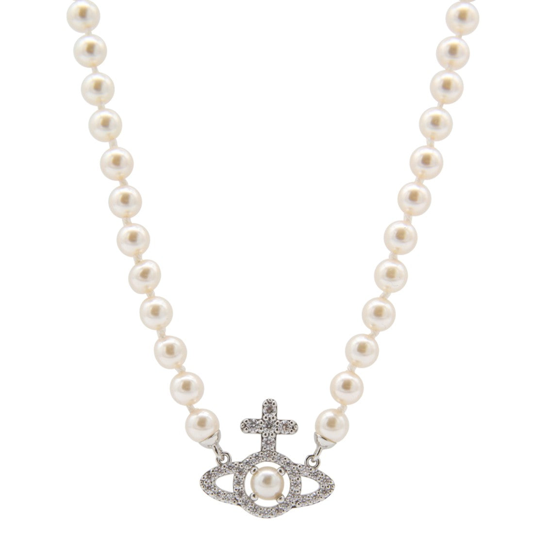 Vivienne Westwood Elegant Pearl Necklace With Silver-Tone Emblem And Adjustable Chain