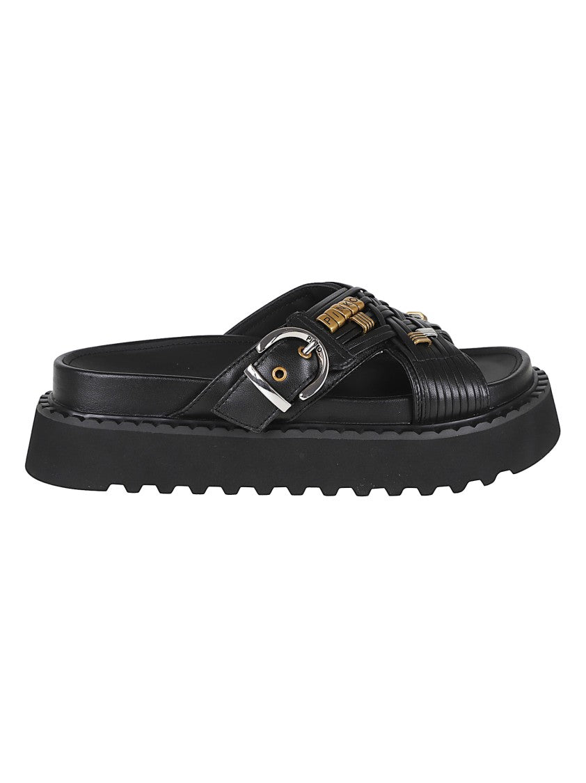 Pinko Nappa Leather Slide Sandal With Woven Straps And Buckle Accents