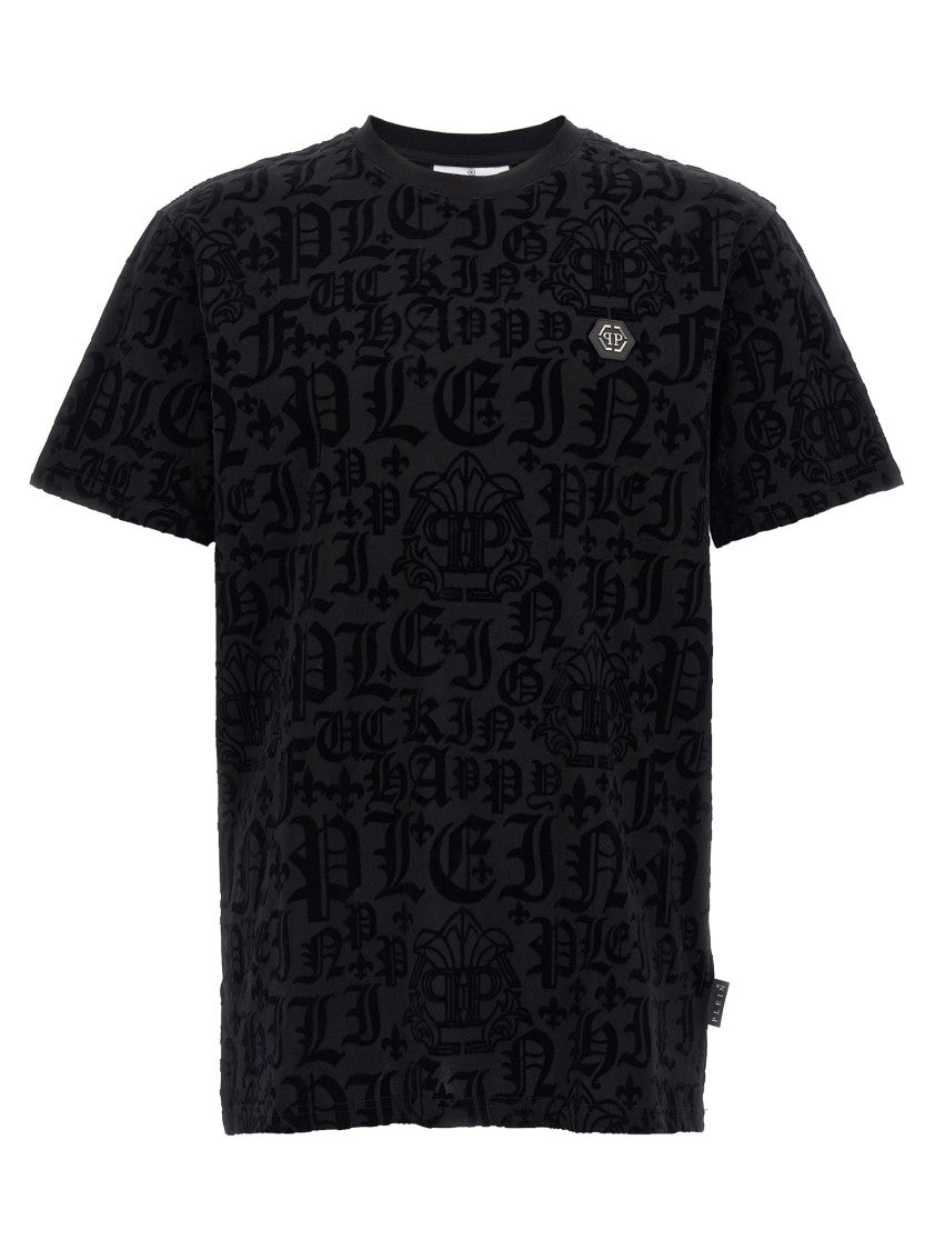 Philipp Plein Black Velvet Logo T-Shirt With Crew Neck