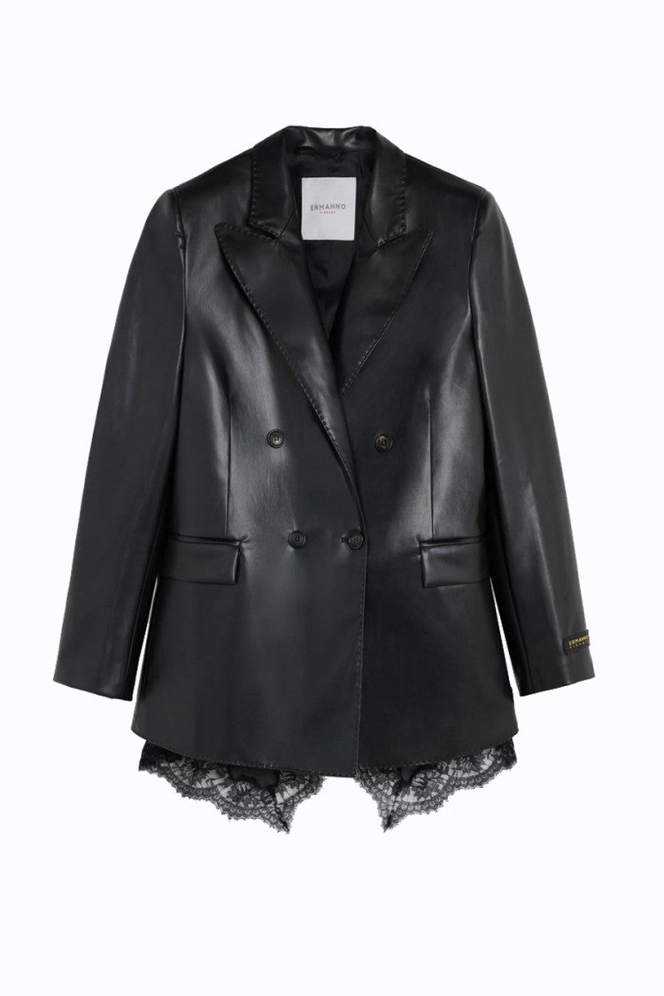 Ermanno Black Leather-Look Double-Breasted Polyurethane Blazer