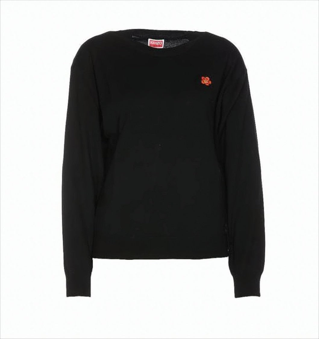 Kenzo Classic Black Wool Sweater With Embroidered Floral Detail