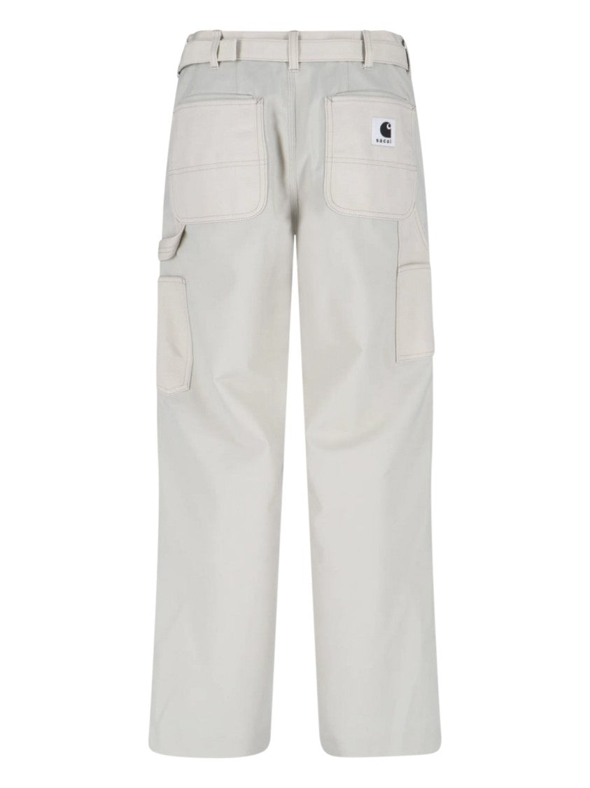 Sacai Double Knee White Pants With Mid-Rise Waist And Reinforced Patches