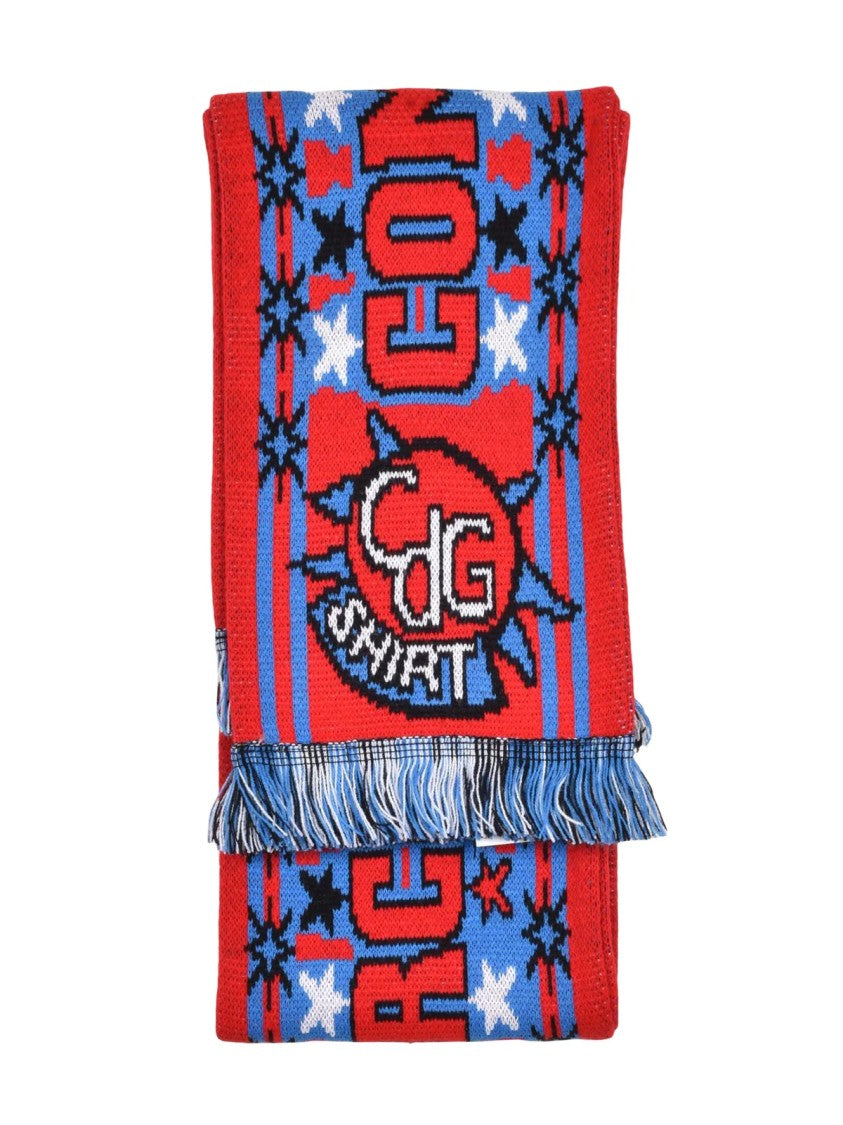 Comme Des Garçons Red/Sky Blue Fringed Tassels Acrylic Scarf