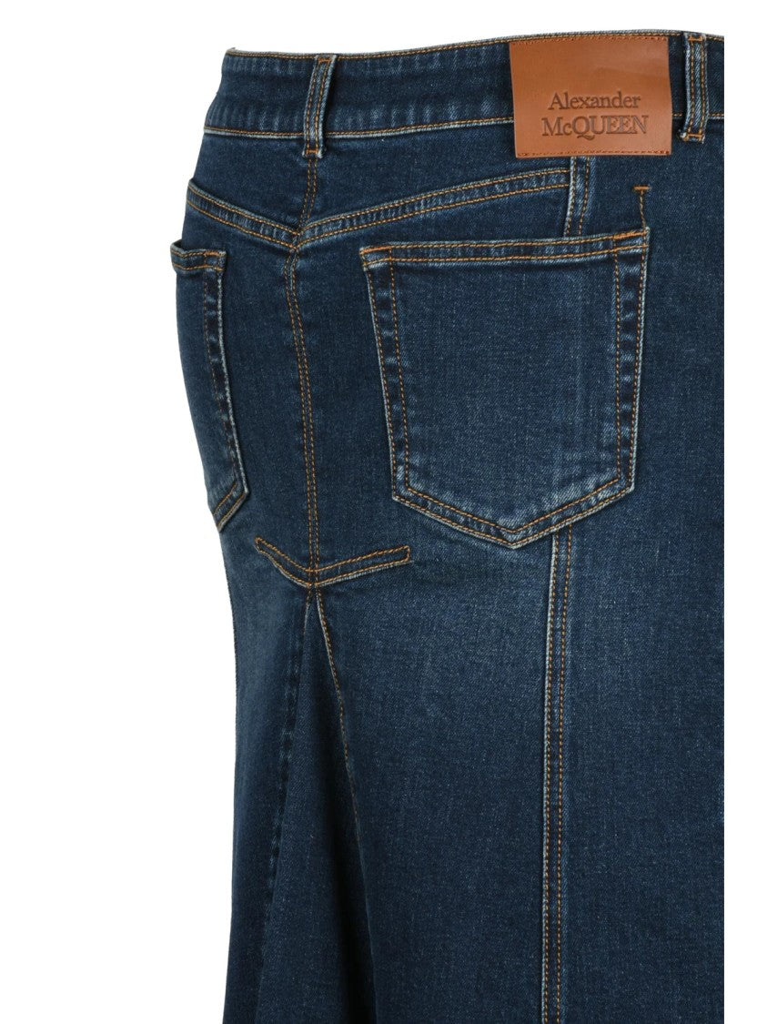 Alexander Mcqueen Blue Stretch Denim Zip Midi Skirt