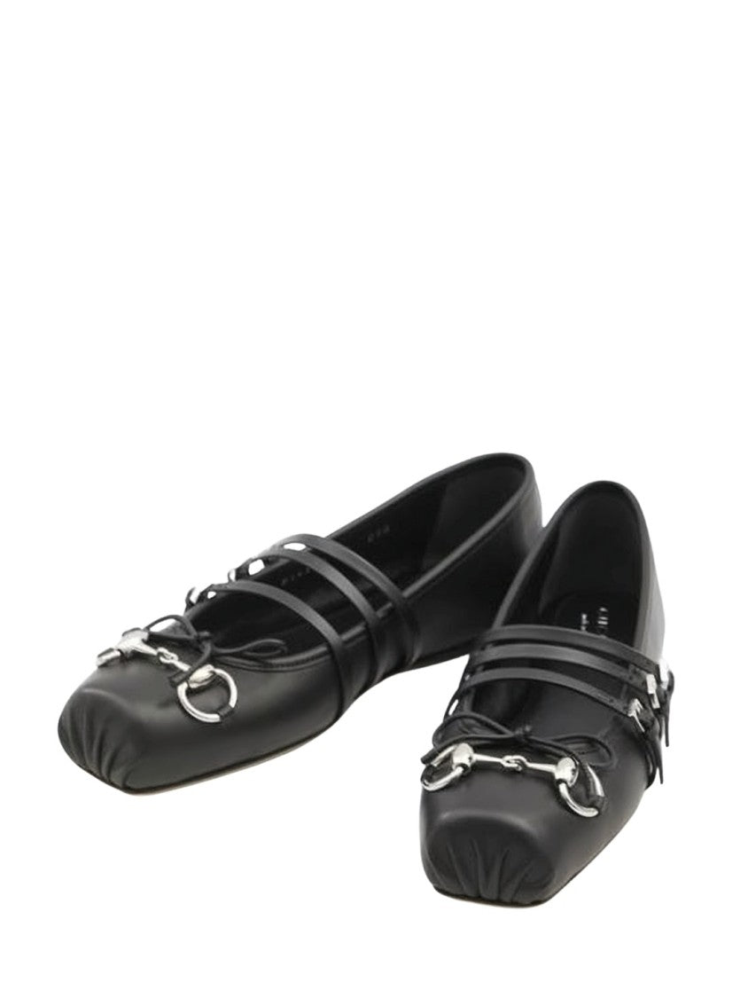 Gucci Black Leather Ballet Flats With Square Toe