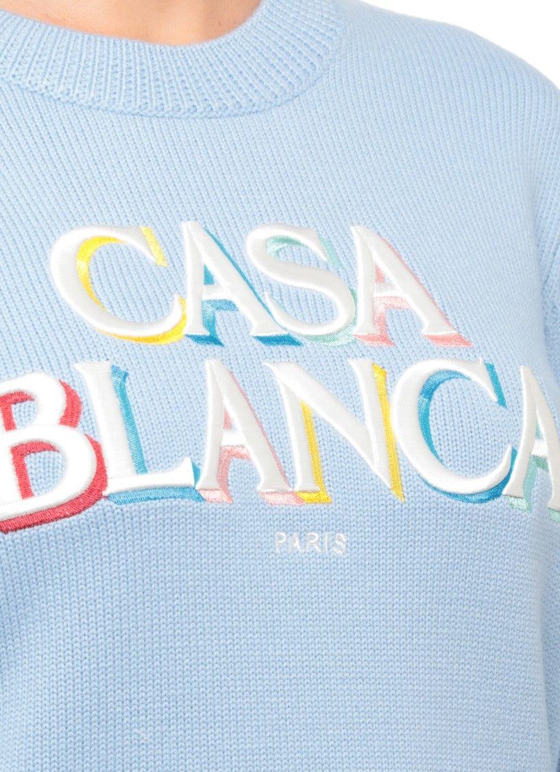 Casablanca Light Blue Wool Knit Sweater With Embroidered Logo