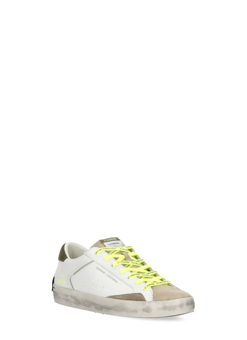 Crime London Ivory Distressed Green Detail Leather Sneakers