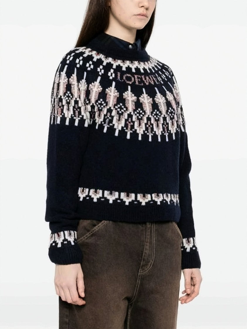 Loewe Cropped Wool Blend Sweater With Geometric Floral Knit