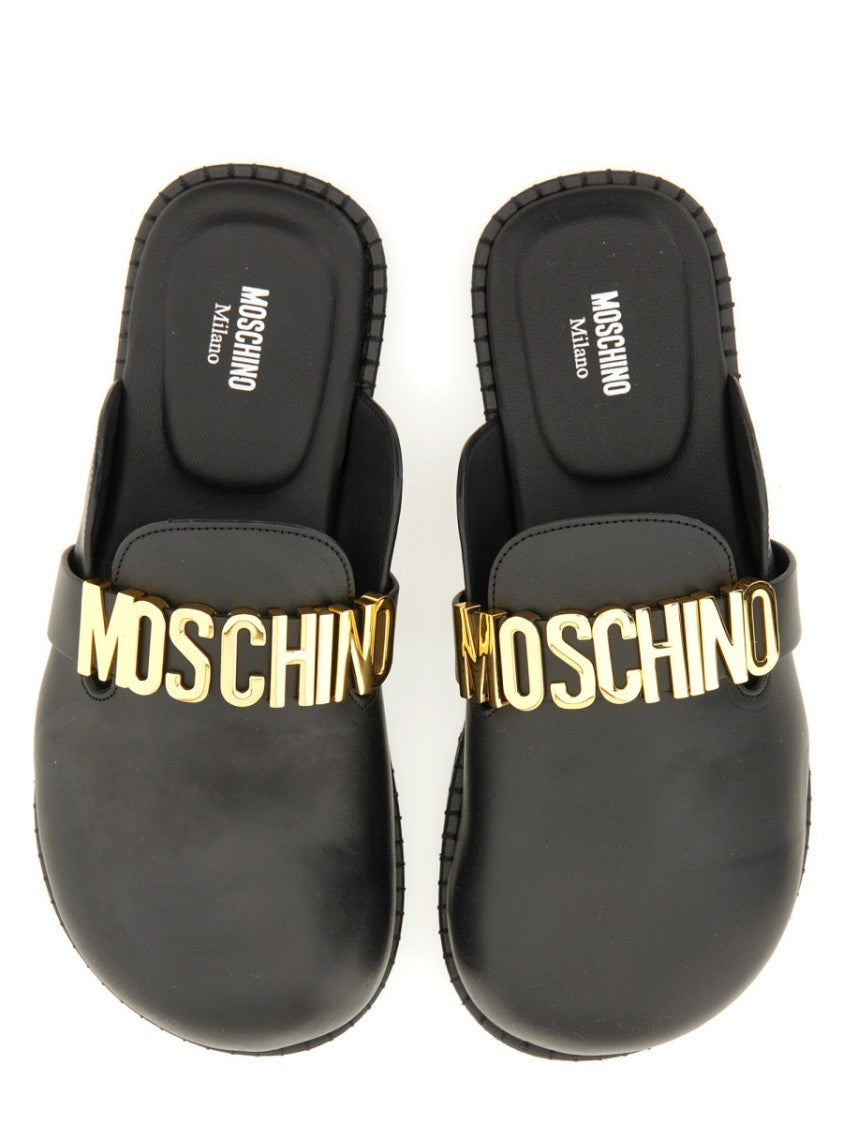 Moschino Black Leather Sabot Flats