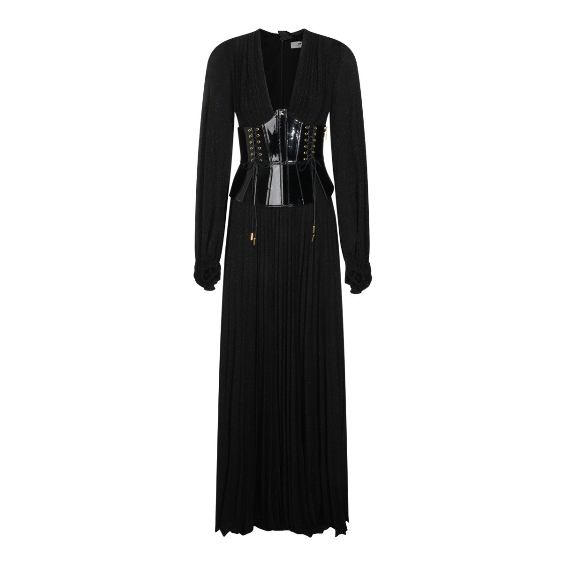 Elisabetta Franchi Deep V-Neck Glossy Corset Belt Maxi Dress